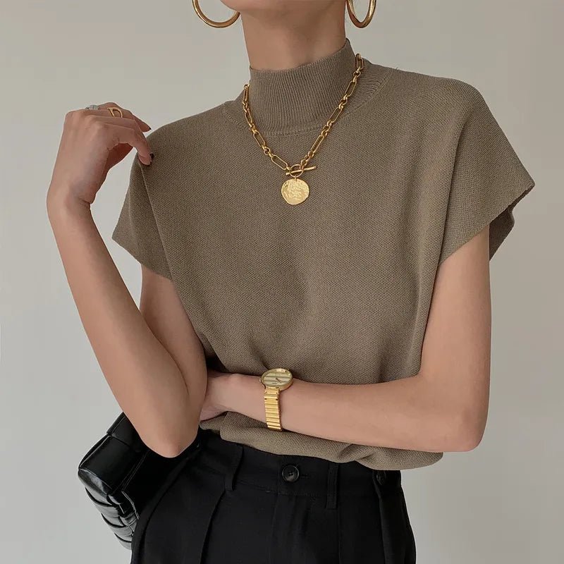 Short Sleeve Stand-up Collar Knitted Sweater