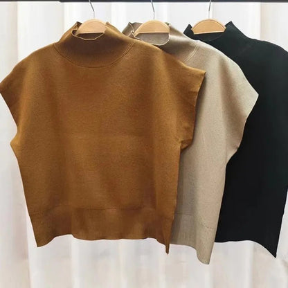 Short Sleeve Stand-up Collar Knitted Sweater
