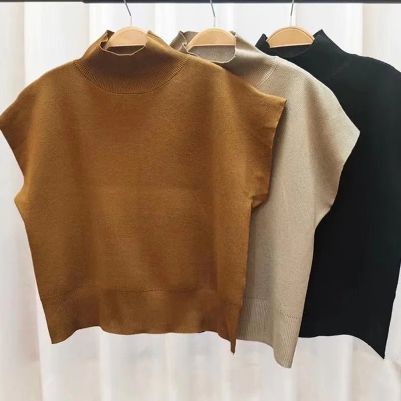 Short Sleeve Stand-up Collar Knitted Sweater