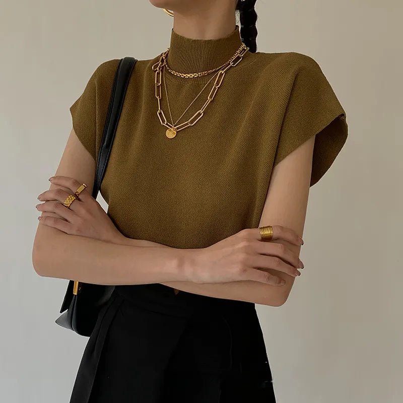 Short Sleeve Stand-up Collar Knitted Sweater