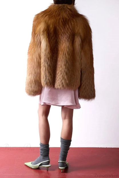 Color Faux Fur Long Sleeve Coat