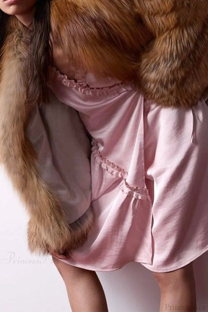 Color Faux Fur Long Sleeve Coat