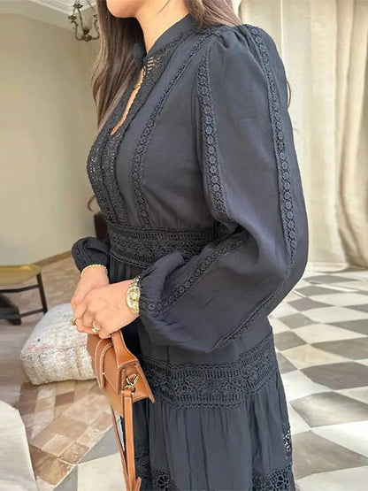 Stand Collar Lantern Sleeve Maxi Dress | Loose Lace Hollow Out Dresses