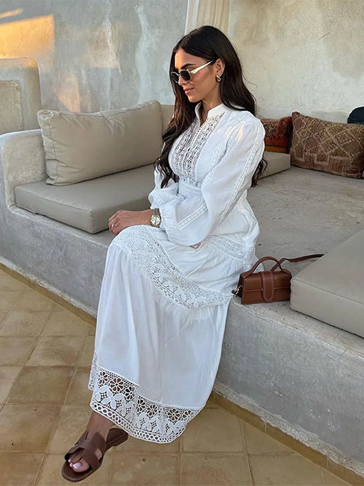 Stand Collar Lantern Sleeve Maxi Dress | Loose Lace Hollow Out Dresses