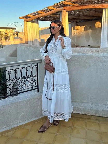 Stand Collar Lantern Sleeve Maxi Dress | Loose Lace Hollow Out Dresses