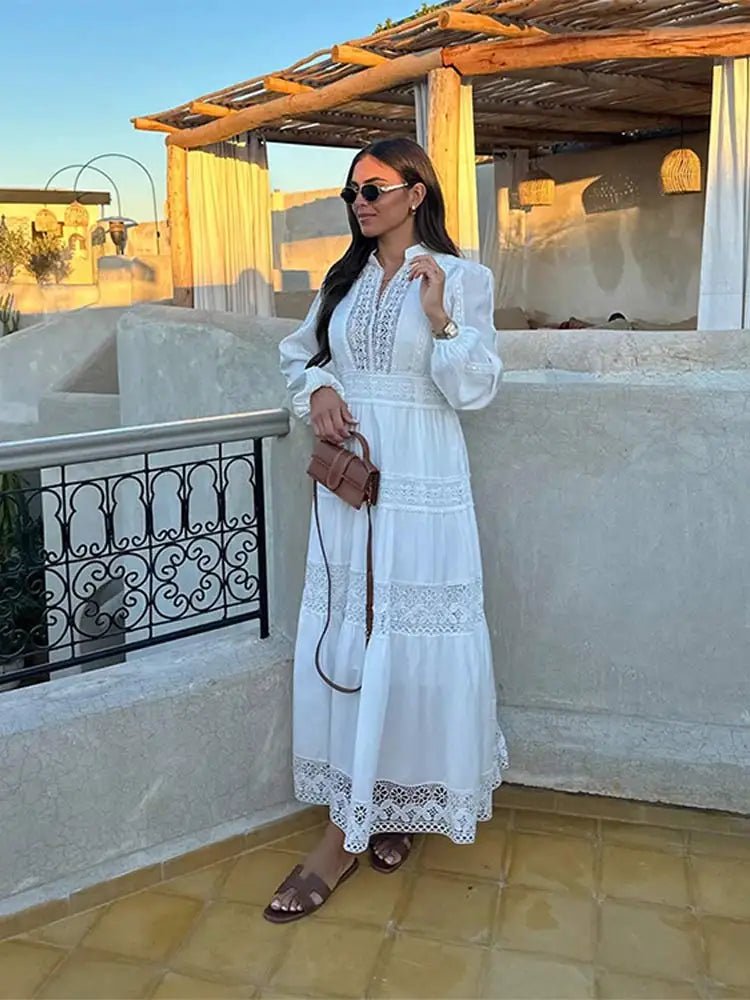 Stand Collar Lantern Sleeve Maxi Dress | Loose Lace Hollow Out Dresses