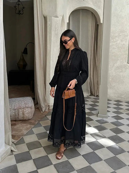 Stand Collar Lantern Sleeve Maxi Dress | Loose Lace Hollow Out Dresses