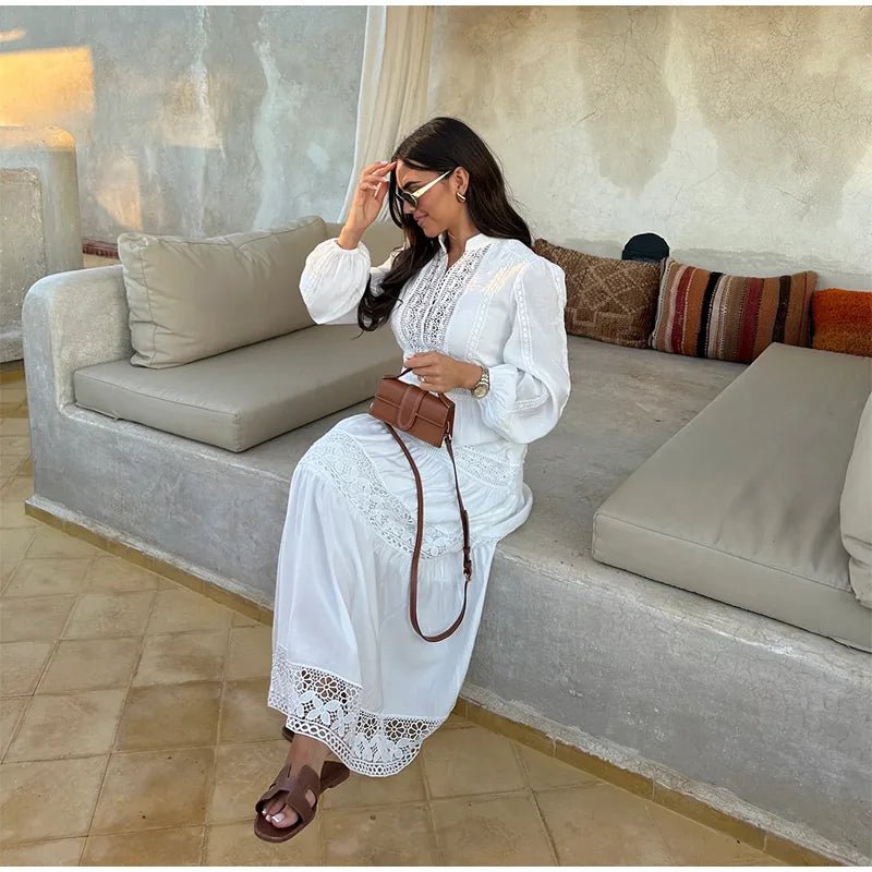 Stand Collar Lantern Sleeve Maxi Dress | Loose Lace Hollow Out Dresses