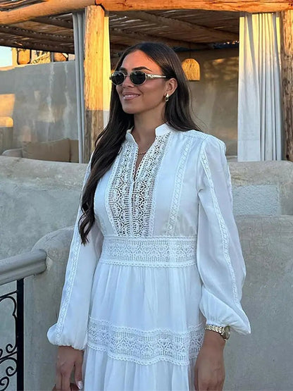 Stand Collar Lantern Sleeve Maxi Dress | Loose Lace Hollow Out Dresses