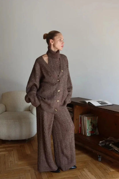 V-neck Cable Knit Top Tank Pants Three Piece Set