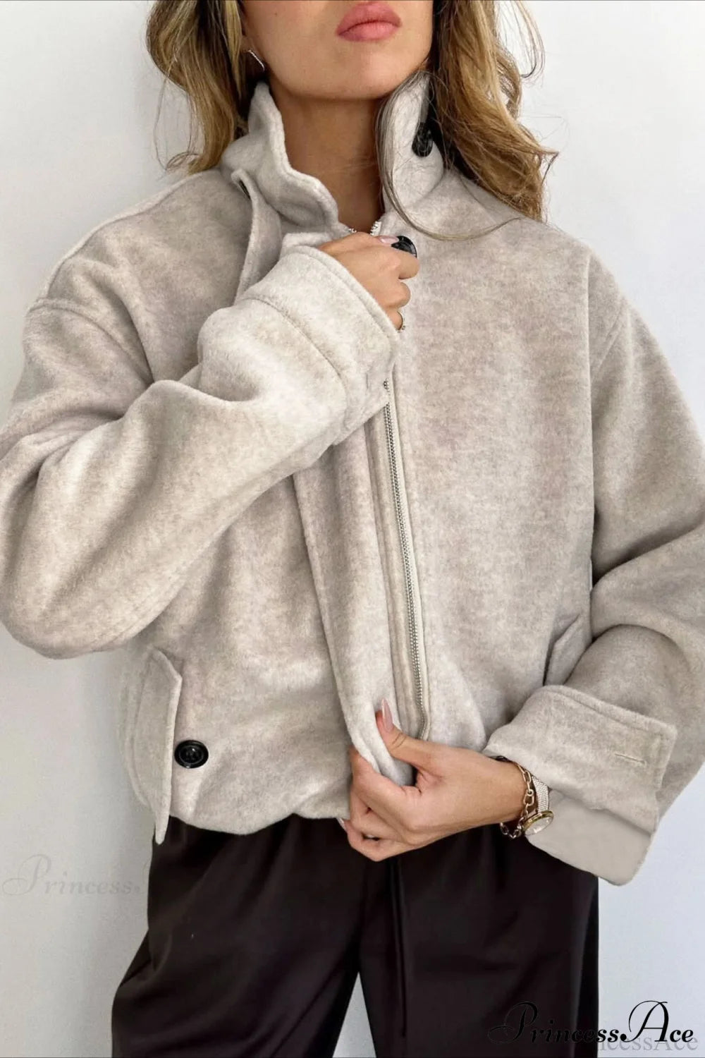 Wool Zip Short Loose Coat
