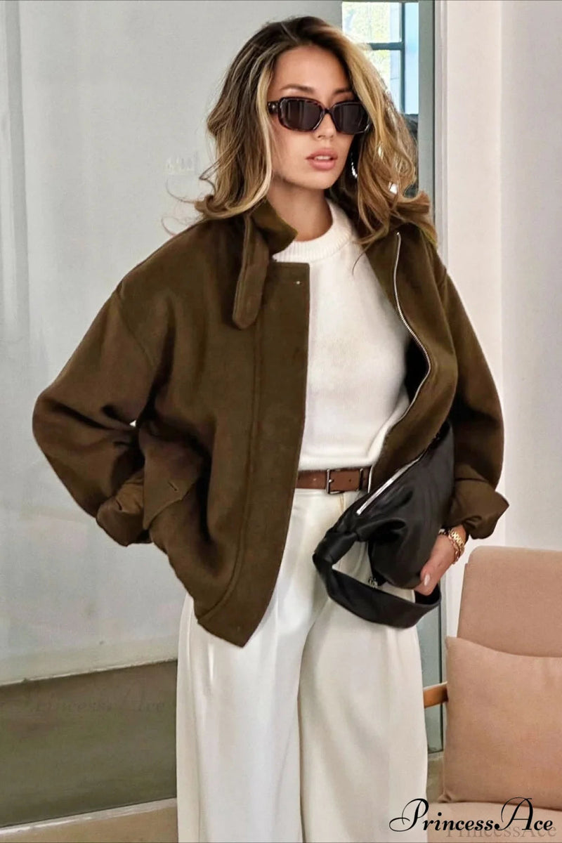 Wool Zip Short Loose Coat