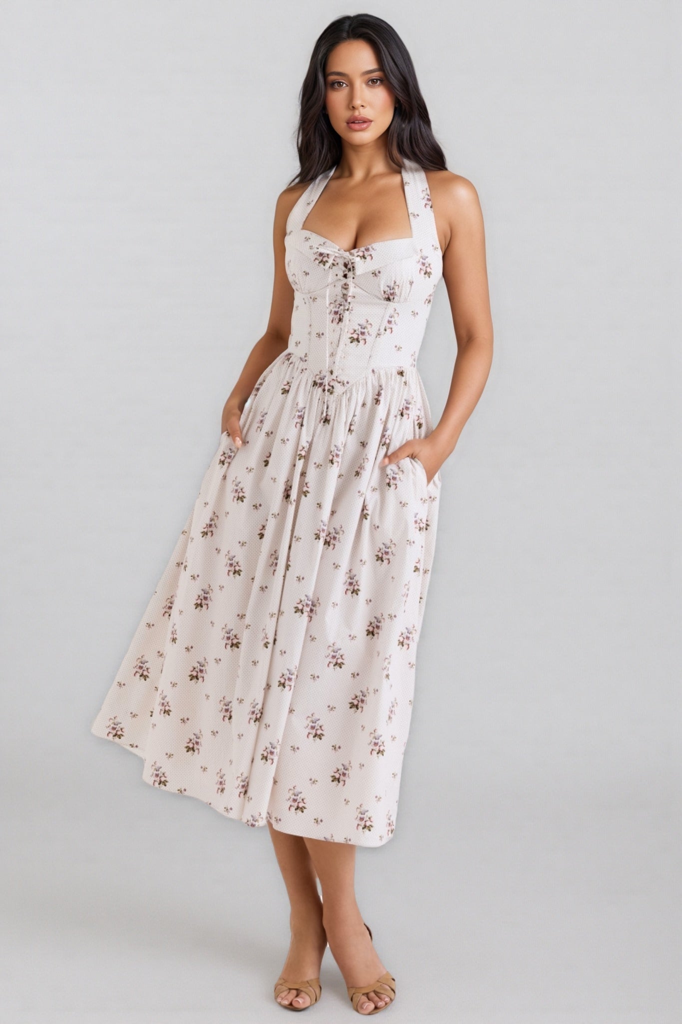Zinnia Print Stretch Cotton Halter Neck Midi Dress