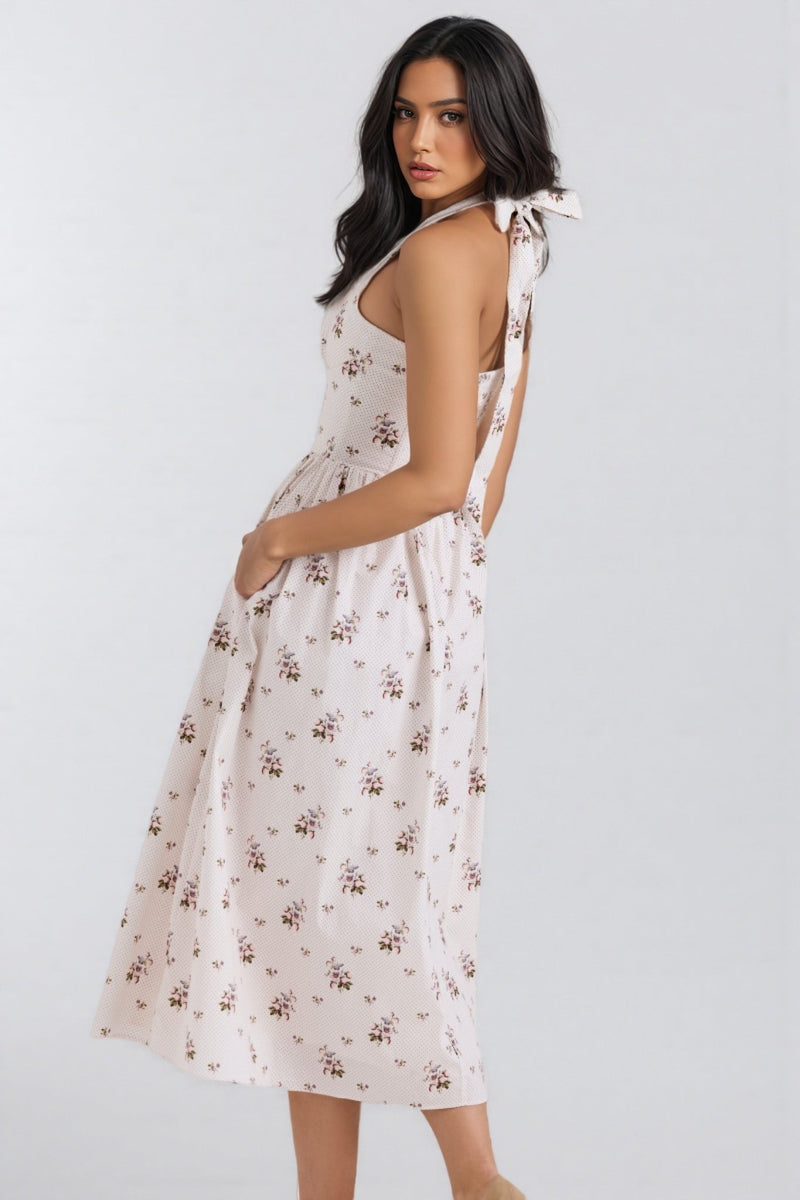 Zinnia Print Stretch Cotton Halter Neck Midi Dress