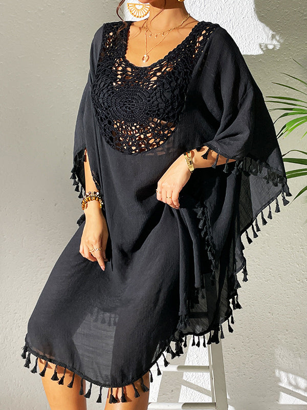 Batwing Sleeves Loose Hollow Color Sun Protection Tasseled Round-neck Cover-ups Tops Midi Dresses