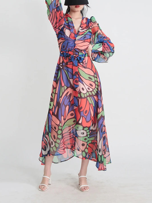 High Waisted Long Sleeves Buttoned Printed Split-joint V-neck Midi Dresses