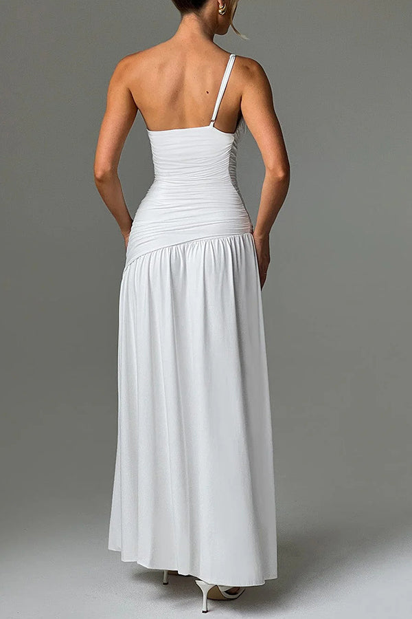 One-shoulder Strap Gathered Slim Fit Slit Maxi Dress