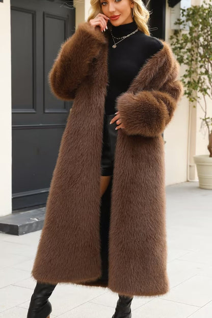Plush Faux Fur V-neck Long Overcoat