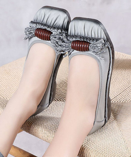 Grey Cowhide Leather Flat Shoes Splicing Flat Shoes