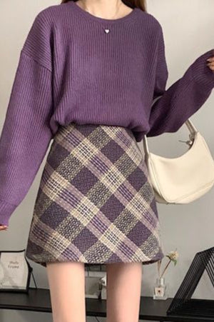 Wool Plaid High Waist A-line Skirt