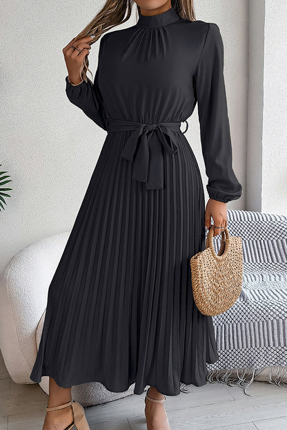Stand-collar Long-sleeve Waisted Tie-up Pleated Midi Dress