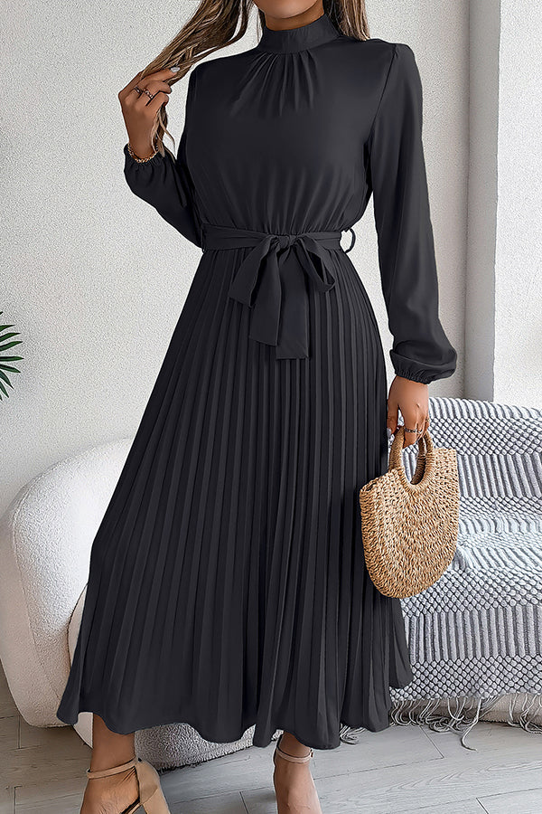 Stand-collar Long-sleeve Waisted Tie-up Pleated Midi Dress
