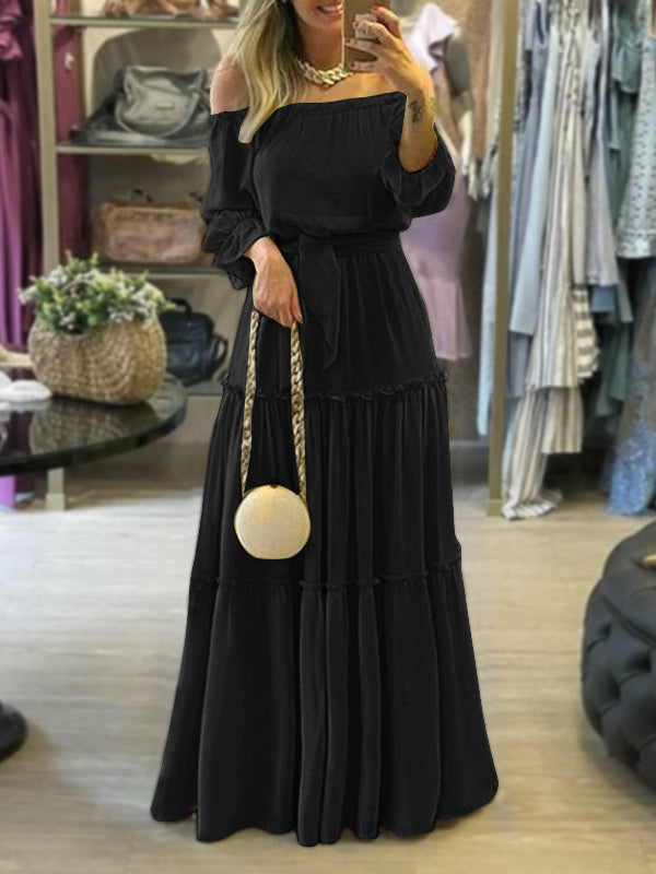 Wrap Falbala Color Off-the-shoulder Maxi Dresses