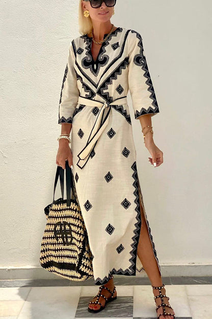 Quiet Atmosphere Linen Blend Print Belted Midi Dress