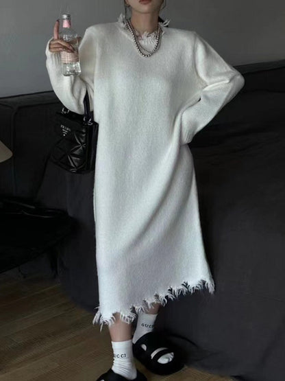 High Waisted Long Sleeves Fringed Color Round-neck Midi Dresses Sweater Dresses