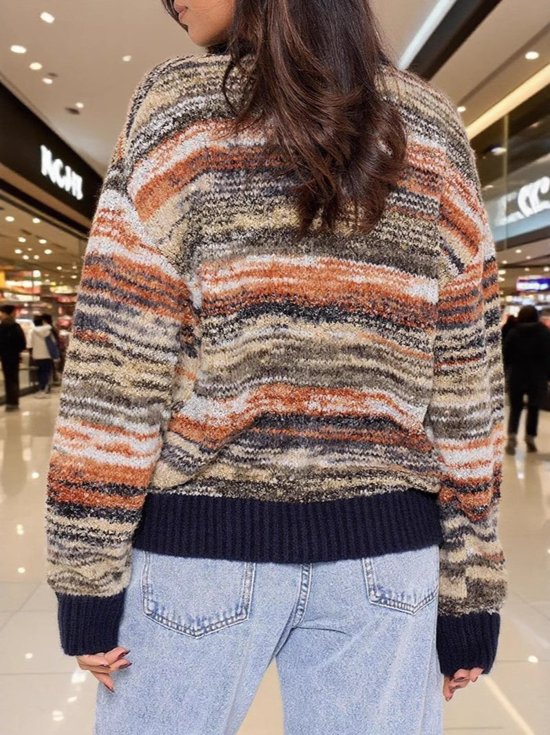 Color-block Striped V-neck Retro Knit Sweater