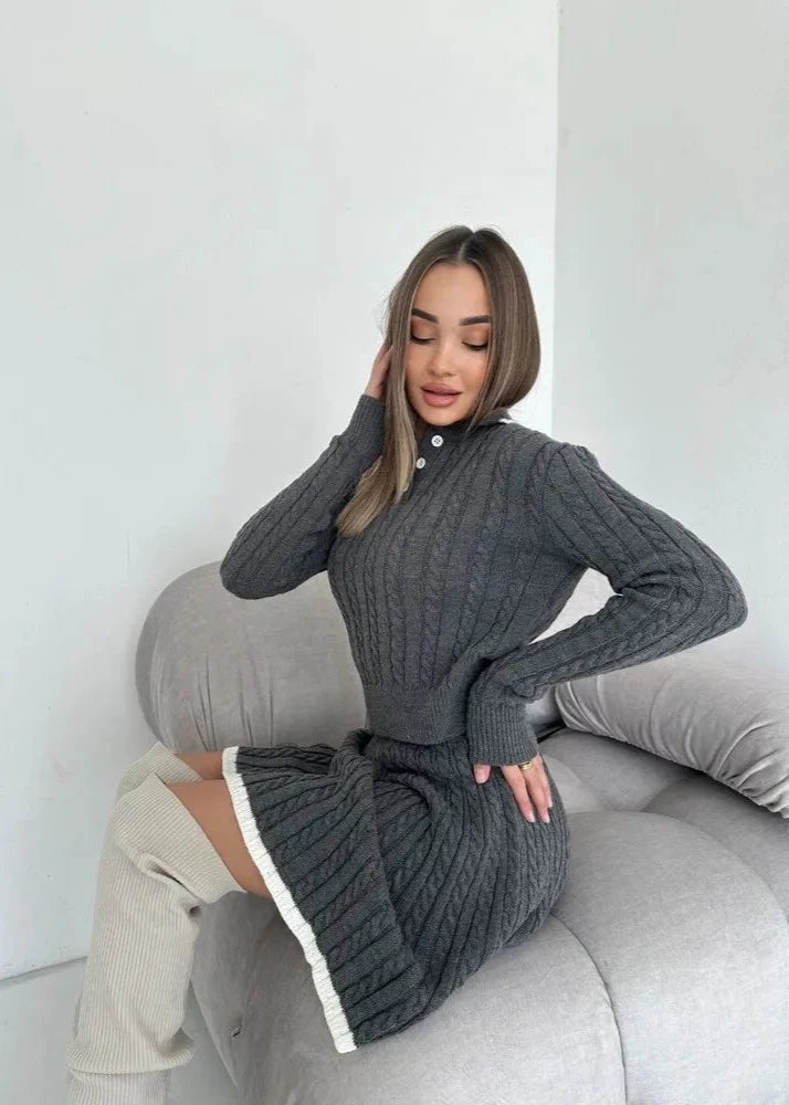 Cable-knit Buttoned Sweater Dress Set