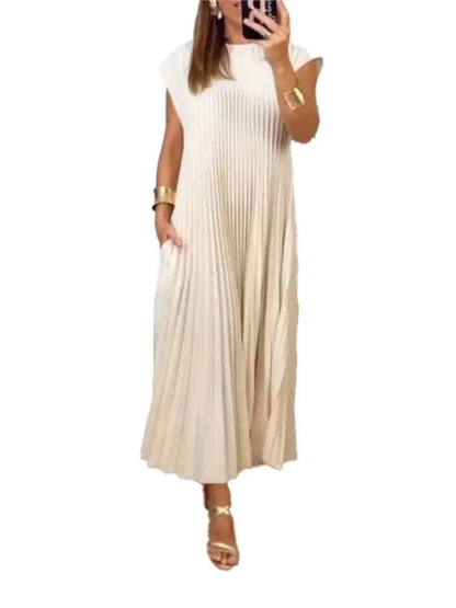 Color Pleated Dresses Temperament O Neck Folds Sleeveless Loose Long Dress Spring Summer New Vestido