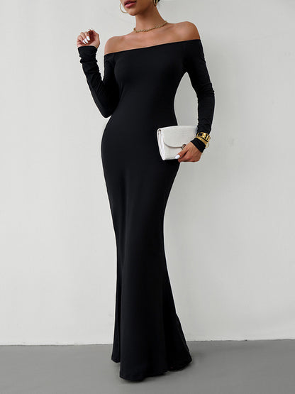 Bodycon Long Sleeves See-through Color Off-the-shoulder Maxi Dresses