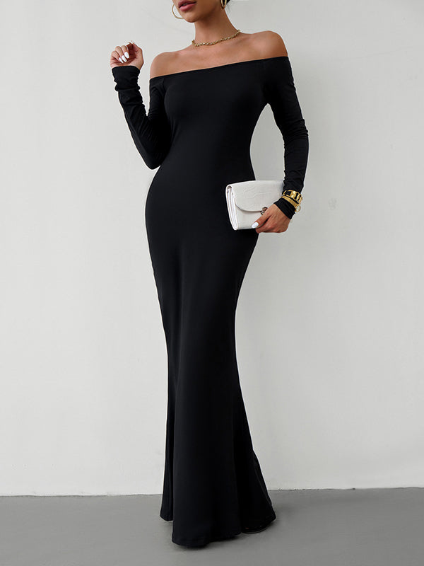 Bodycon Long Sleeves See-through Color Off-the-shoulder Maxi Dresses