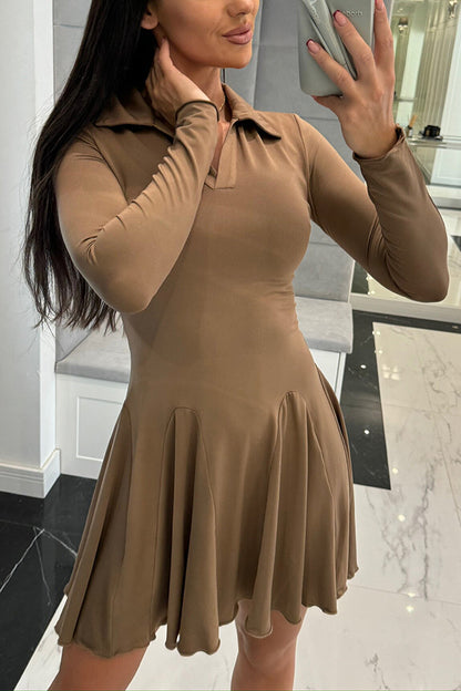 Color Lapel Long Sleeve Slim Fit Waist Mini Dress