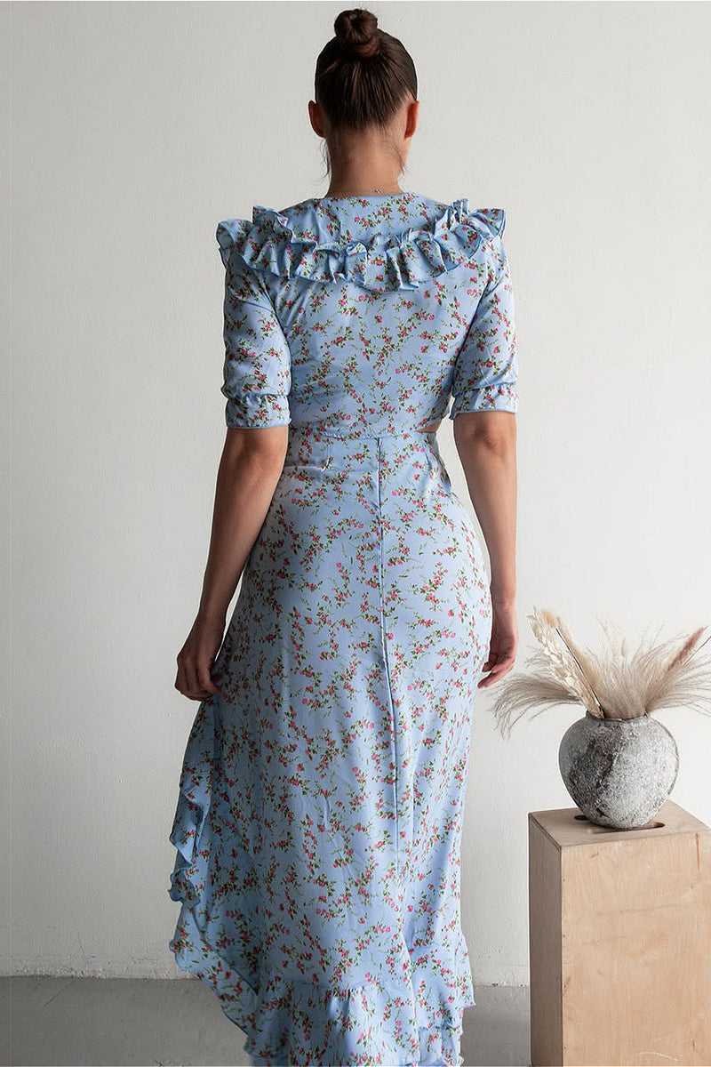 Light Blue Ruffled Split Midi Skirt Two Piece Set