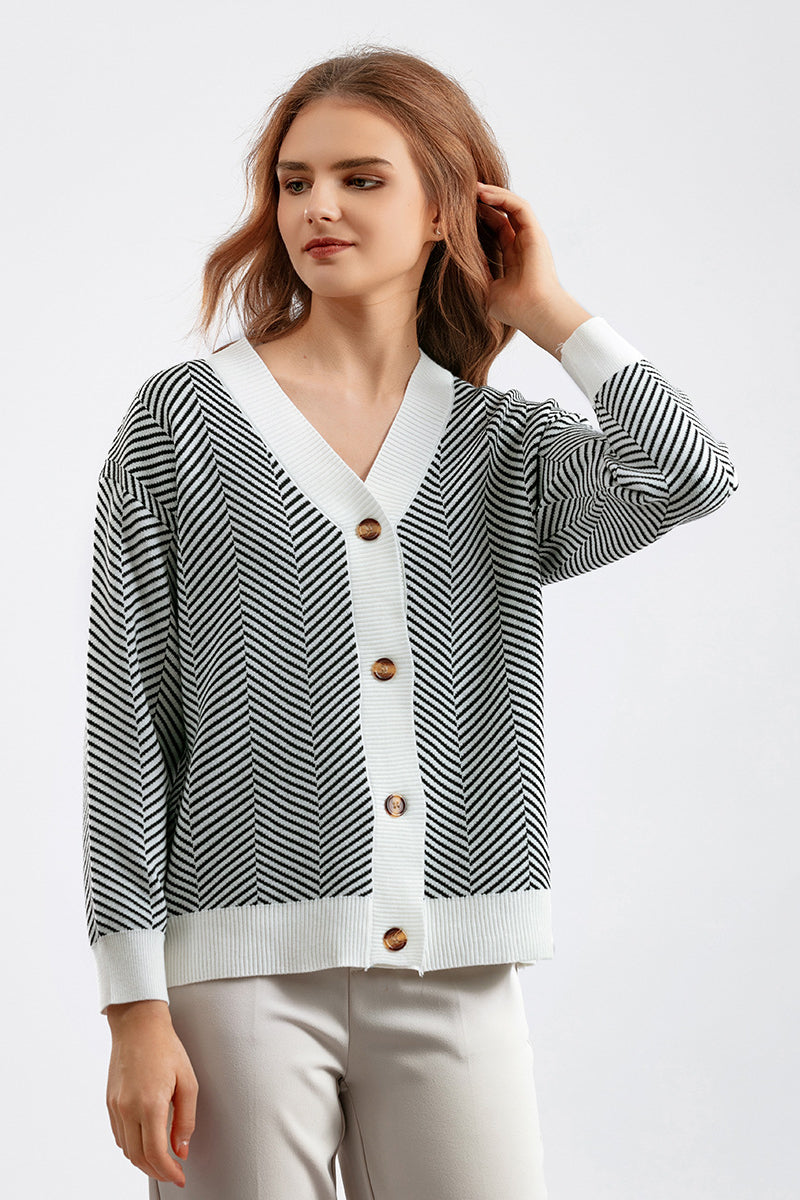 Striped V-neck Buttoned Knit Sweater