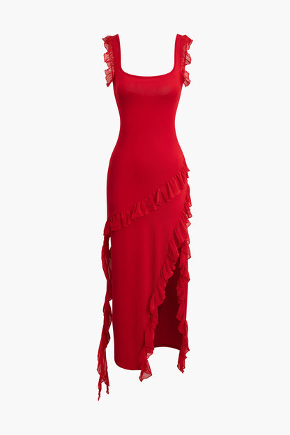 Color Ruffle Trim Slit Sleeveless Maxi Dress
