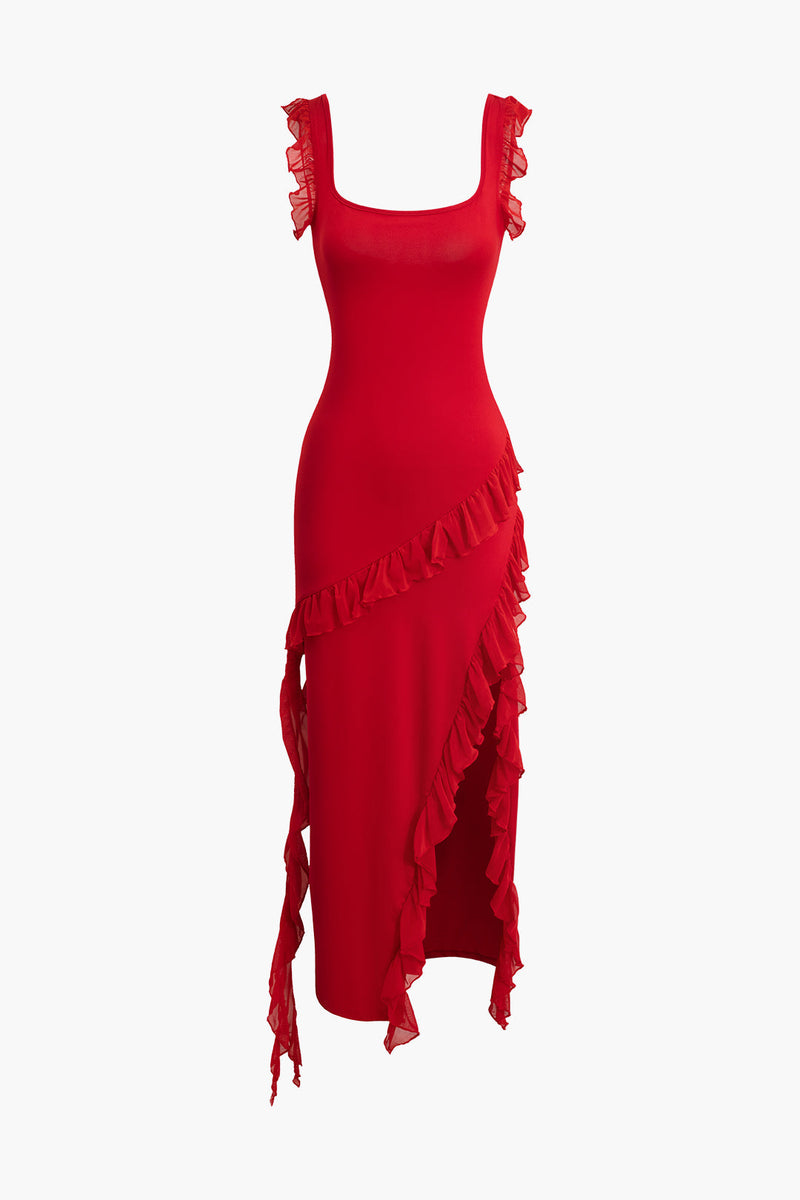 Color Ruffle Trim Slit Sleeveless Maxi Dress