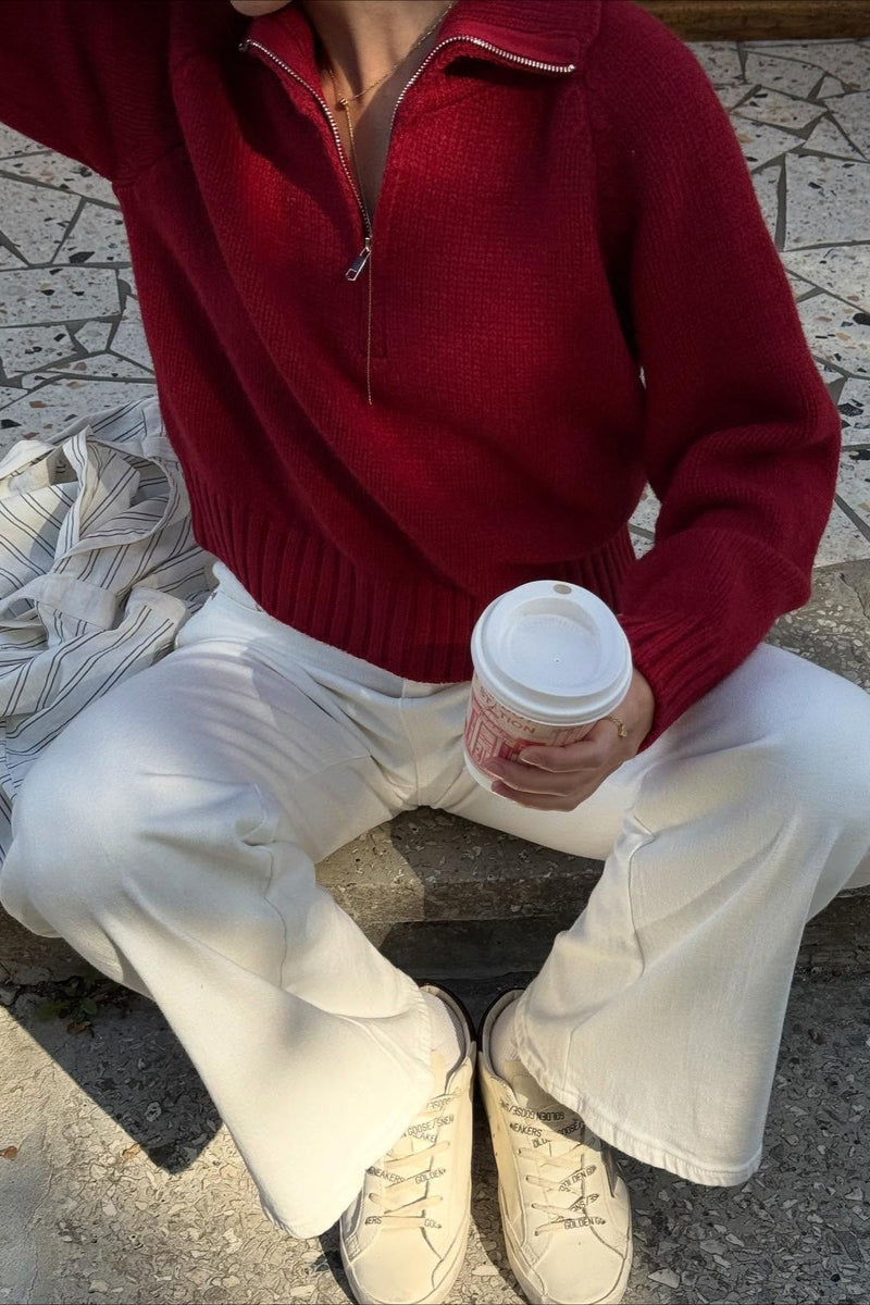 Color Notched Collar Relaxed Knit Sweater