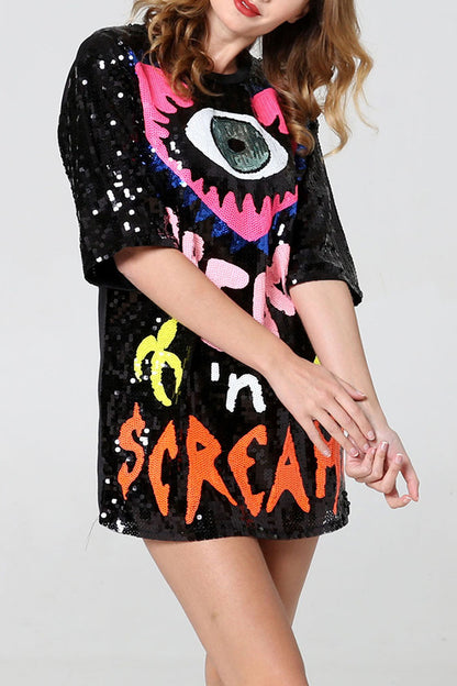 Love Eyes Letters Sequined Round Neck Short Sleeve Mid-length Loose T-shirt