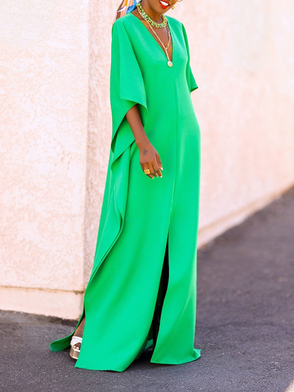 Batwing Sleeves Loose Color Split-side V-neck Maxi Dresses