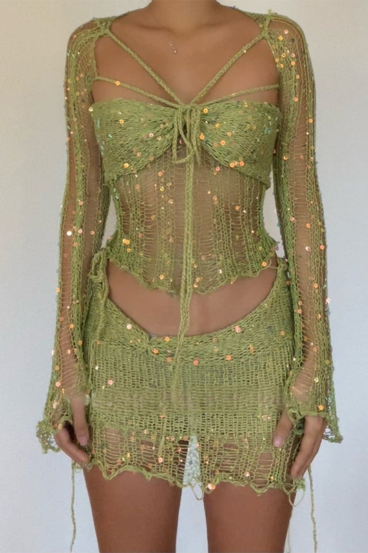 Sequin Knit Cutout Sweater Three Piece Skirt Set