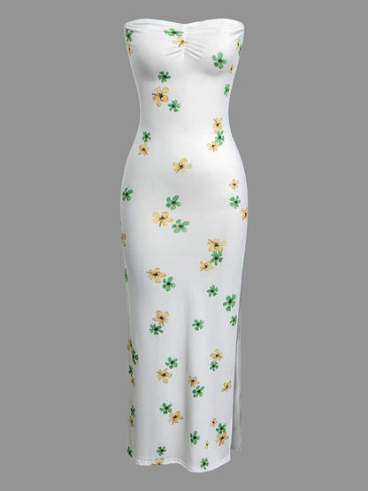 Print Ruched Slit Strapless Maxi Dress