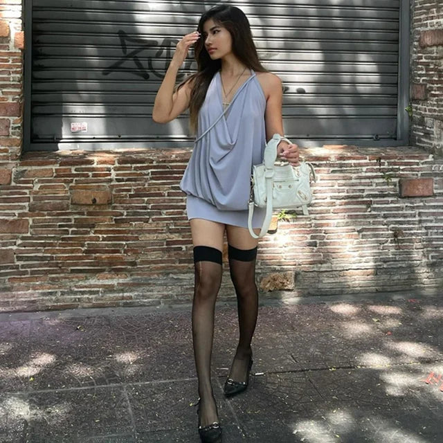Deep V Neck Dress for Off Shoulder Bandage Sleeveless Mini Dresses Beach Holiday Backless Dress Woman