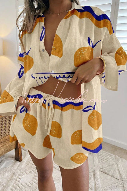 Lemon Print Button Up Lace Up Pocket Shorts Set
