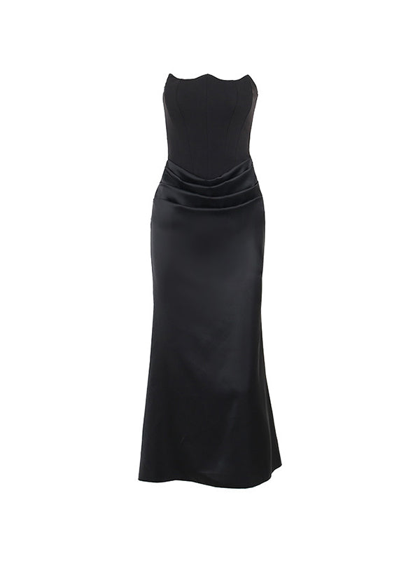 Satin Bandeau Splice Slim Maxi Dress With Corset Ruched