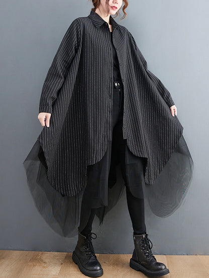 Loose Striped Gauze Split-joint Lapel Long Dress
