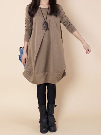 A-line Long Sleeves Pleated Color Round-neck Dresses Maxi Dresses