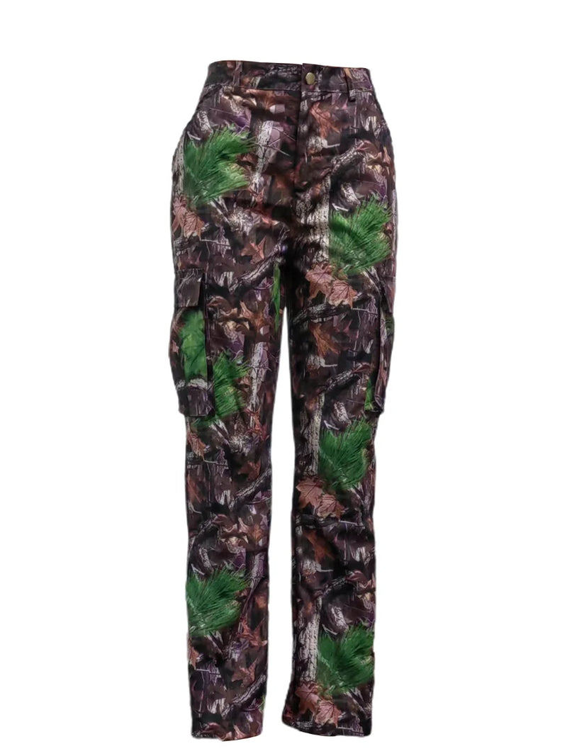 Mid-waist Side Pocket Camo Print Cargo Pants Street Y2k Trousers Print Design Jeans